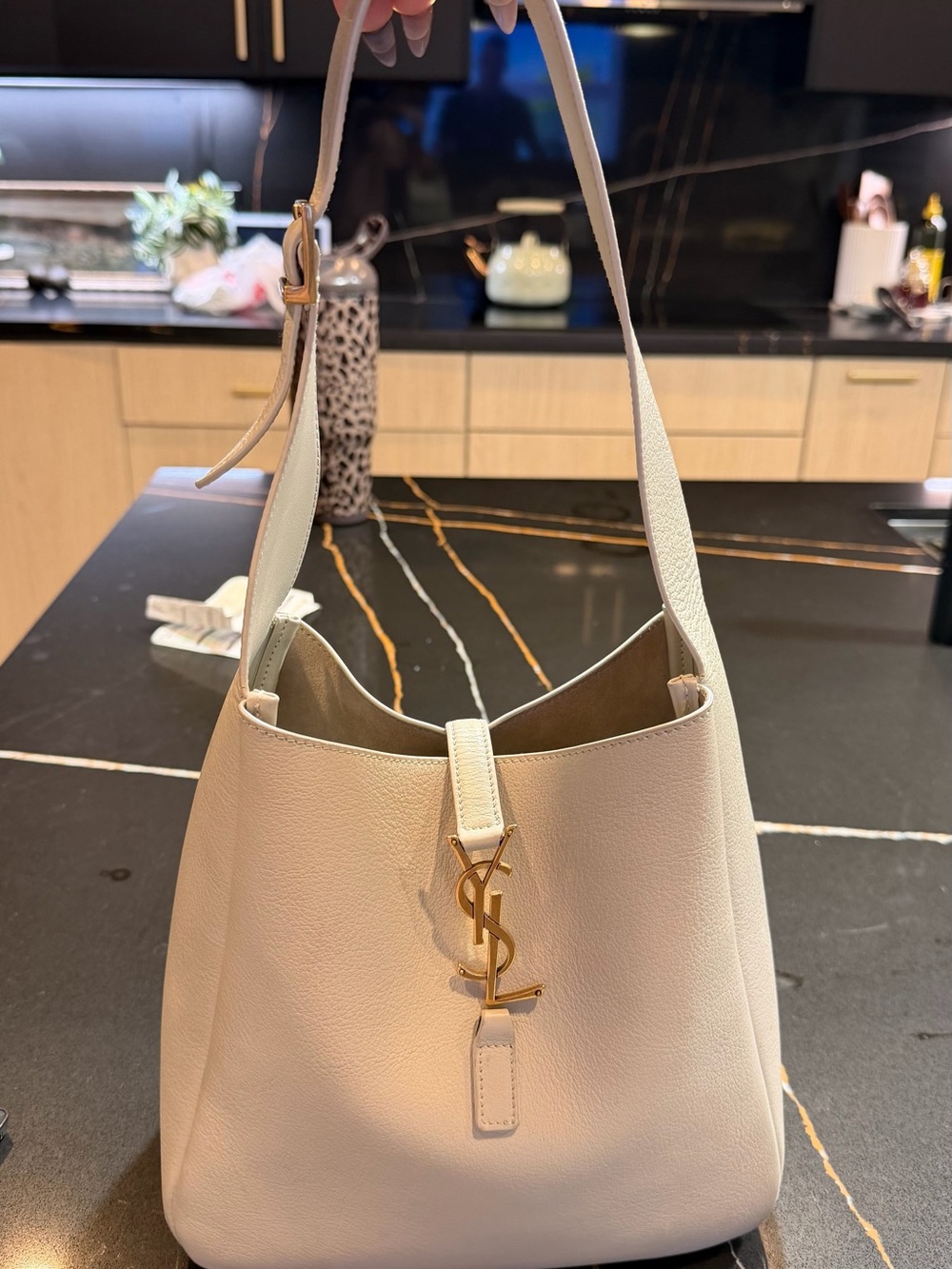 Saint Laurent Cream Leather Shoulder Hobo with Gold YSL Hardware